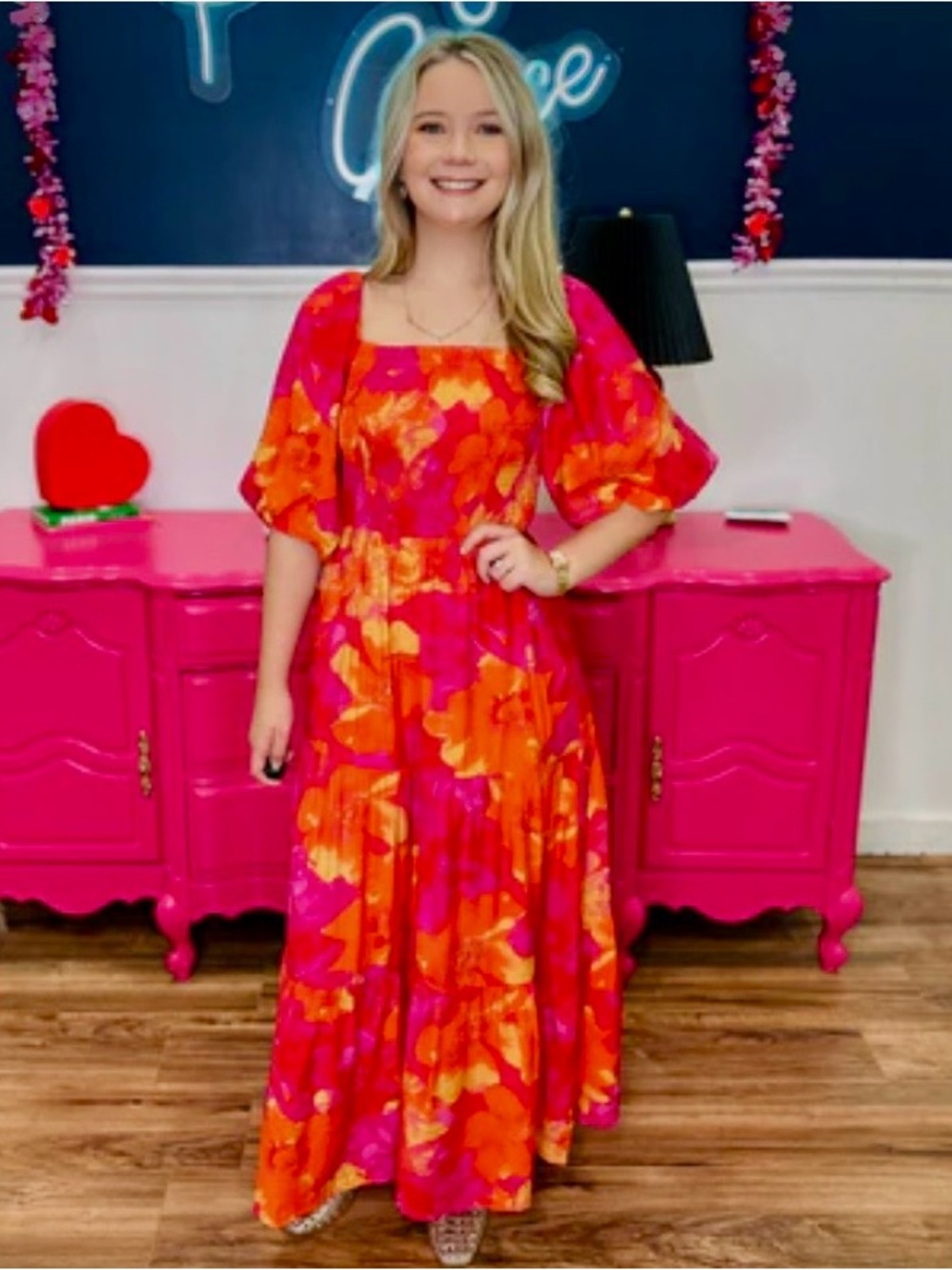 NWT Oddi size S Smocked Square-Neck Maxi Dress in Fuchsia & Orange.